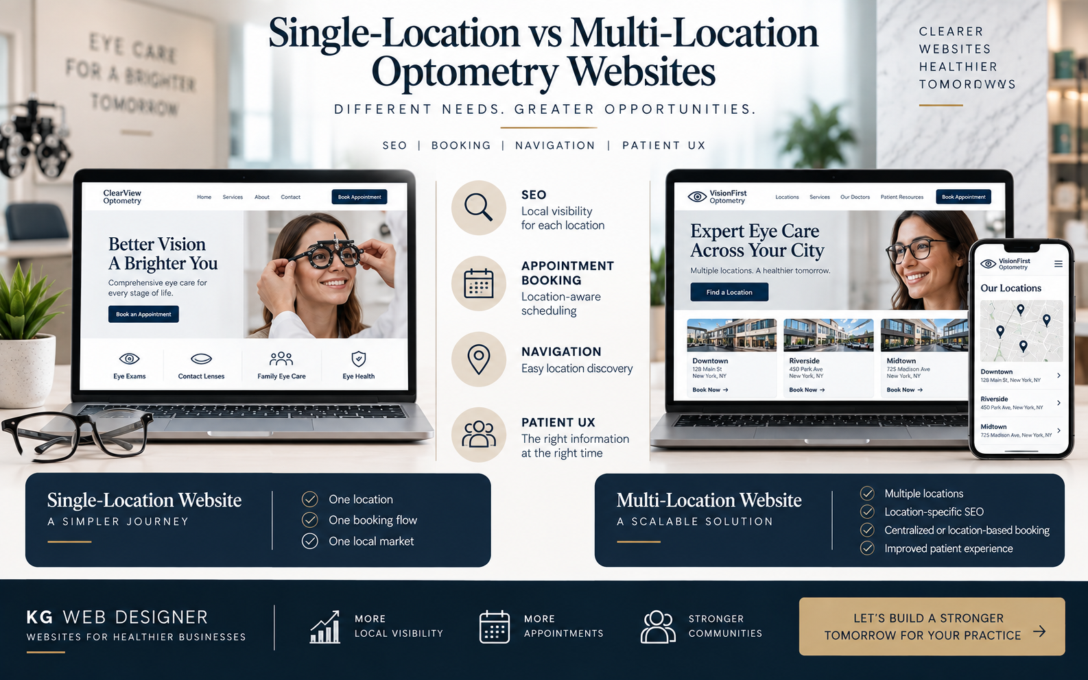 Single-Location vs Multi-Location Optometry Websites What Changes in SEO, Booking & Patient UX