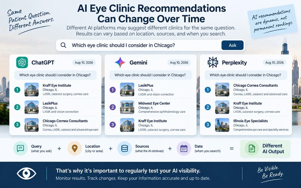 Illustration showing how AI eye clinic recommendations can vary by platform, query, location, sources, and date