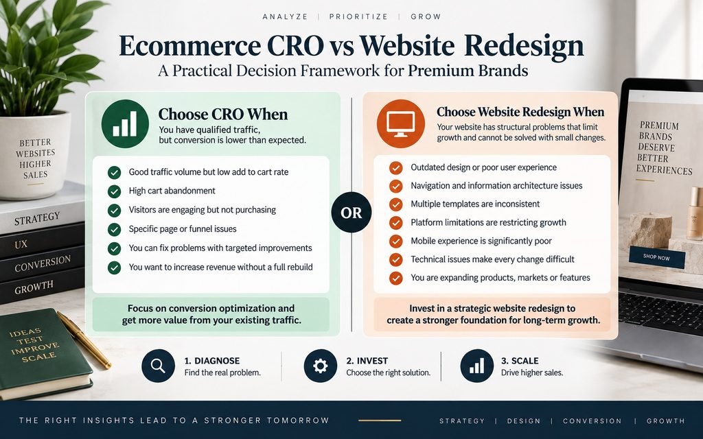Ecommerce CRO versus website redesign decision framework based on traffic, conversion, UX, and structural problems