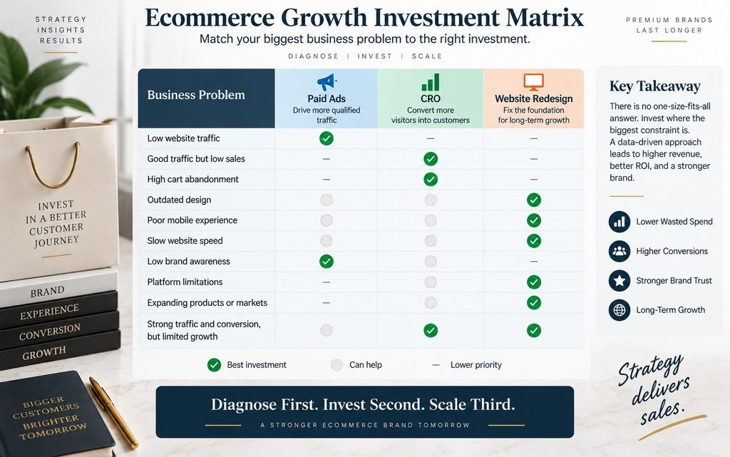 Ecommerce growth investment matrix comparing paid ads, CRO, and website redesign by business problem
