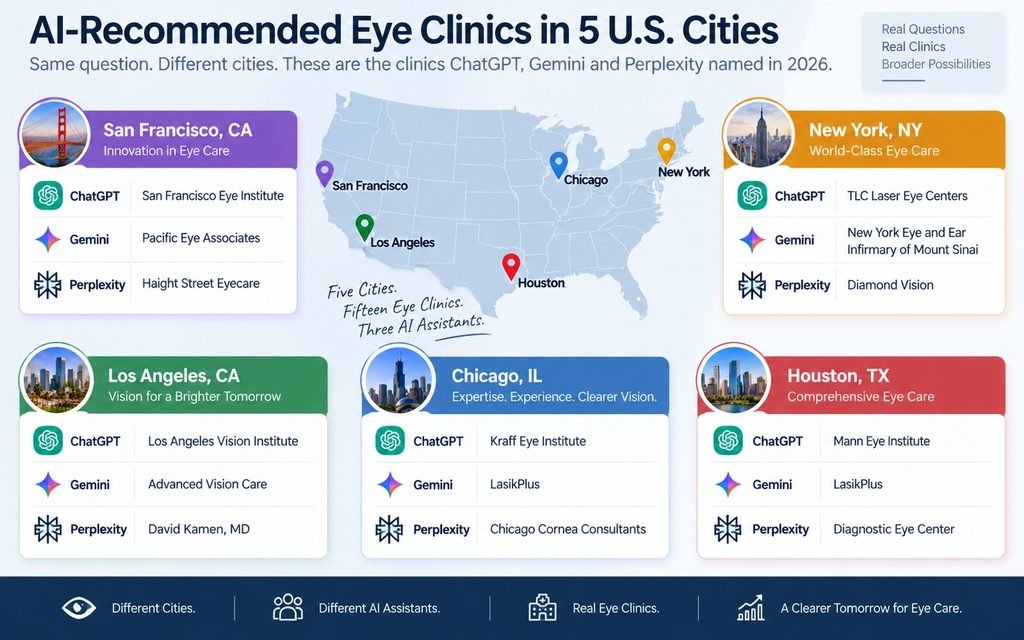 Comparison of AI-recommended eye clinics across New York, Los Angeles, Chicago, Houston, and San Francisco