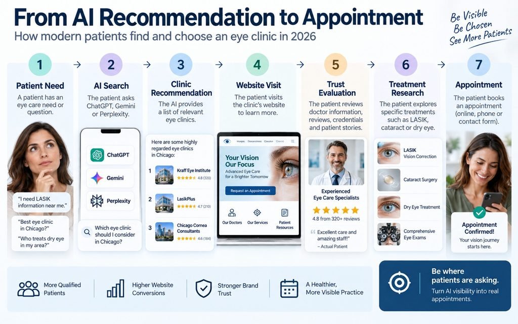 Eye clinic patient journey from AI search recommendation to website visit and appointment booking