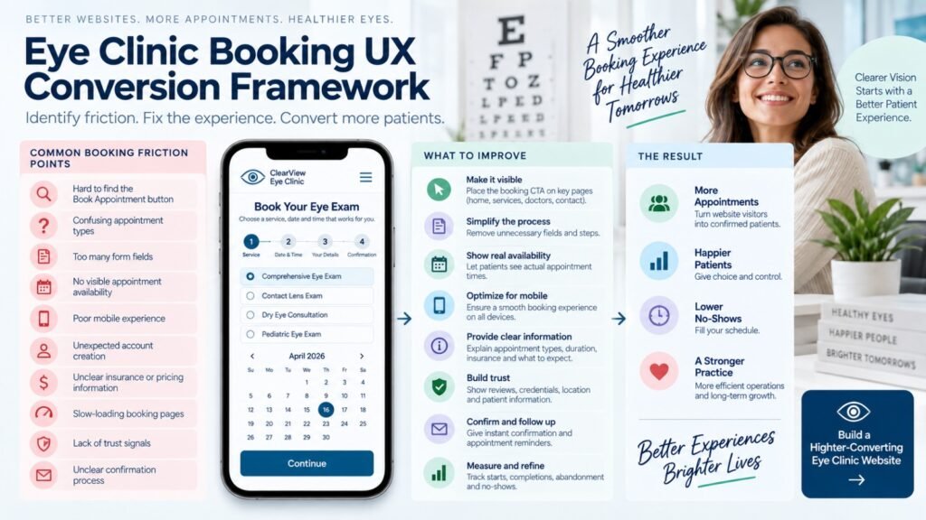 Eye clinic booking UX framework showing common appointment
conversion problems