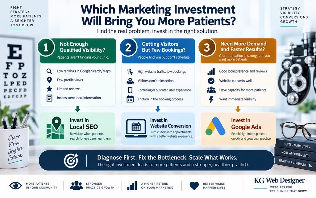 : Eye clinic decision framework comparing local SEO, Google Ads and website conversion based on patient acquisition problems
