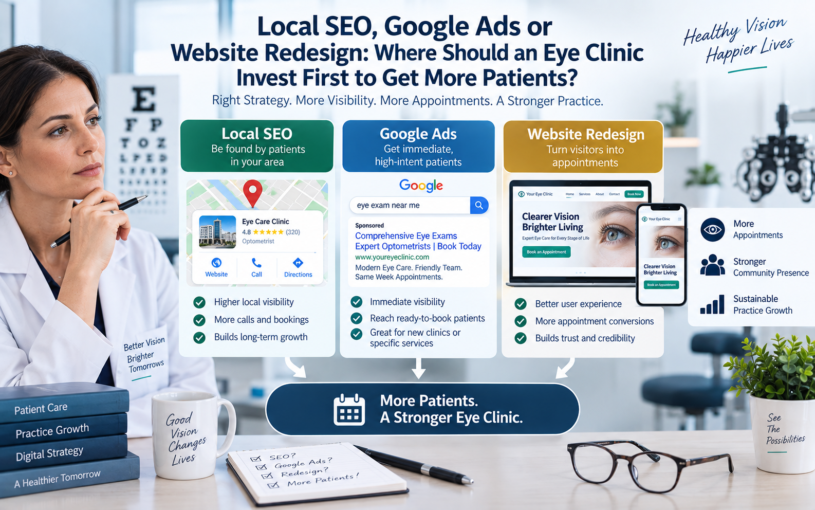 Eye clinic marketing strategy comparing local SEO, Google Ads and website redesign investment decisions