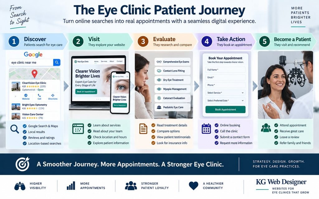 Eye clinic patient acquisition funnel from Google search and Maps to website, treatment research and appointment booking