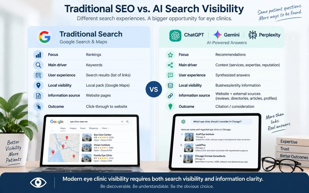 Comparison of traditional SEO and AI search visibility for eye clinics