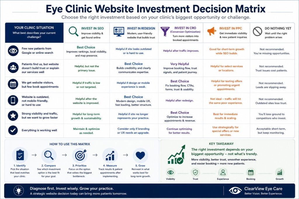 Eye clinic website investment decision matrix comparing SEO, redesign, CRO, PPC, and doing nothing