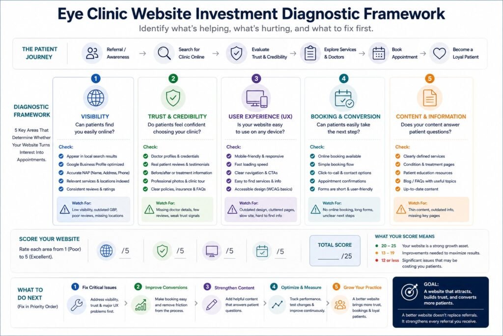 Eye clinic website diagnostic framework showing visibility, trust, UX, booking, and conversion