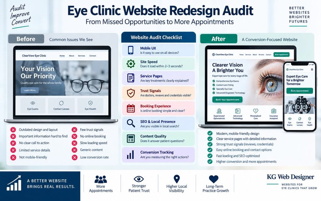 Eye clinic website audit showing mobile UX, trust signals, service pages, booking friction and conversion opportunities