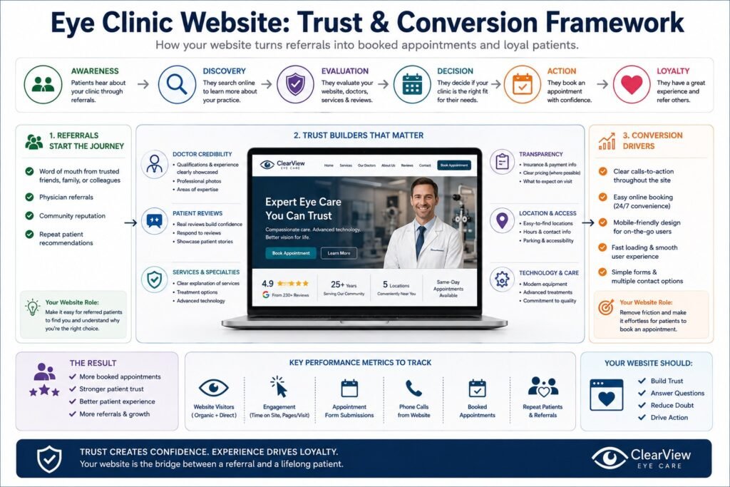 Eye clinic website trust and conversion framework showing referrals, reviews, doctor credibility, and booking