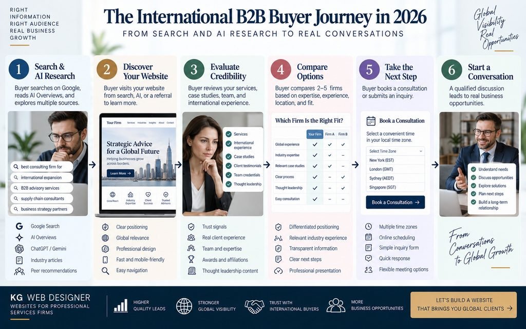 International B2B buyer journey from search and AI research to website evaluation and consultation
