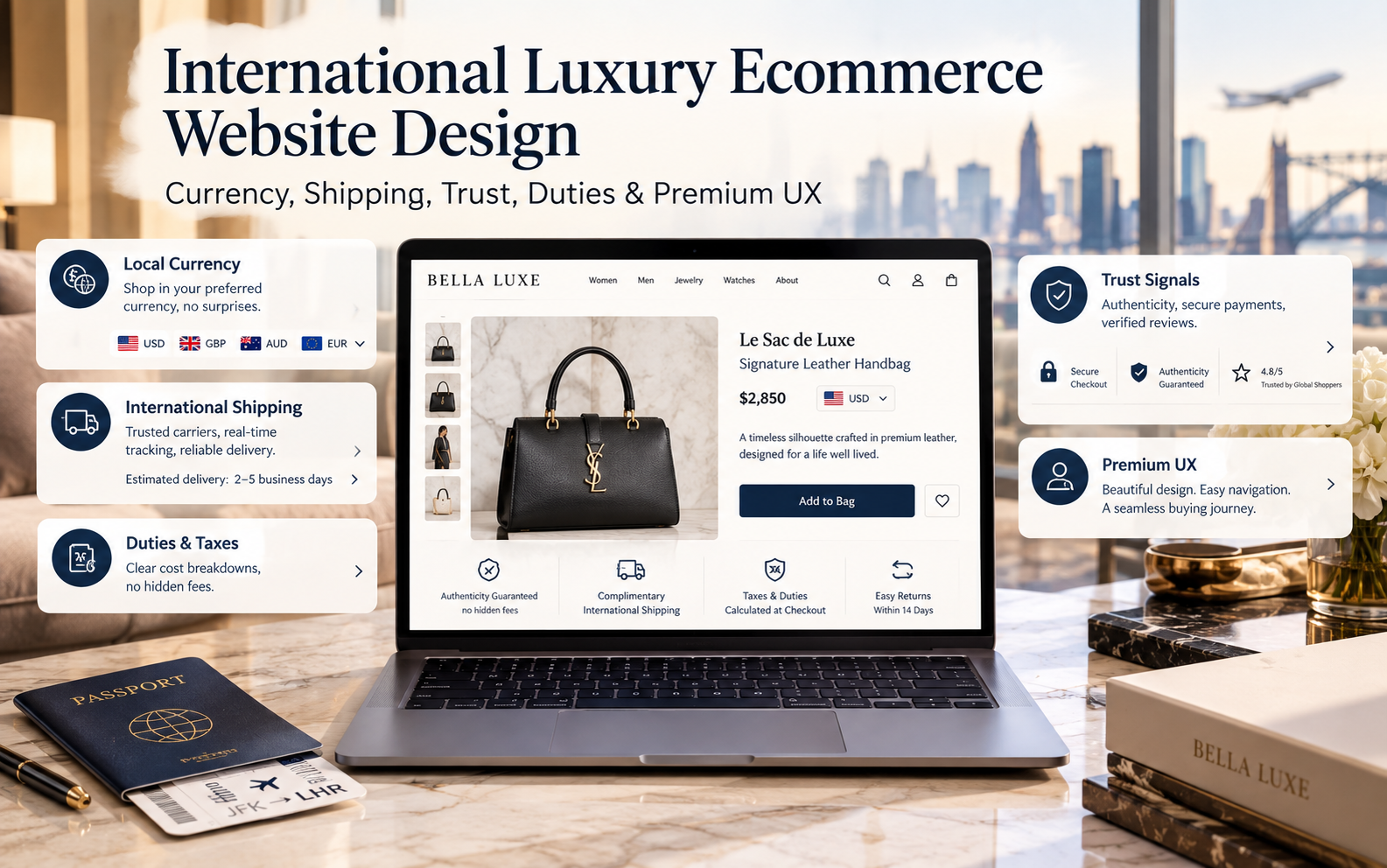 International luxury ecommerce website design showing local currency, shipping, duties, trust signals, and premium user experience