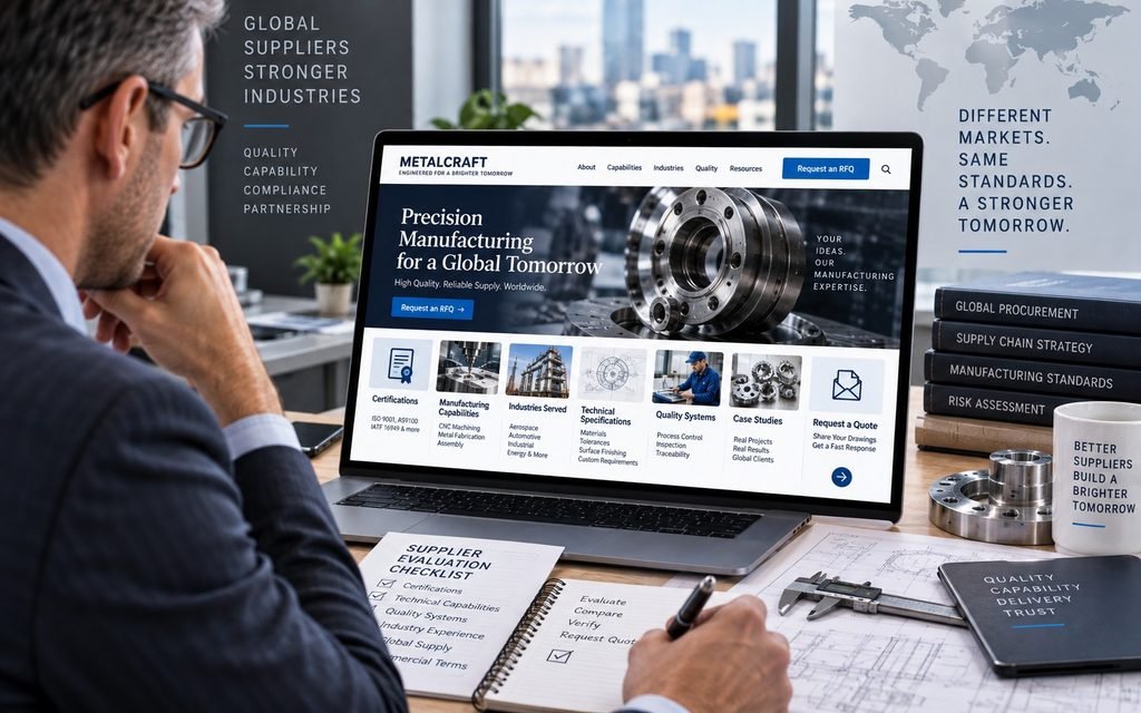 International procurement buyer evaluating a manufacturer website through certifications, technical capabilities, quality systems, and case studies