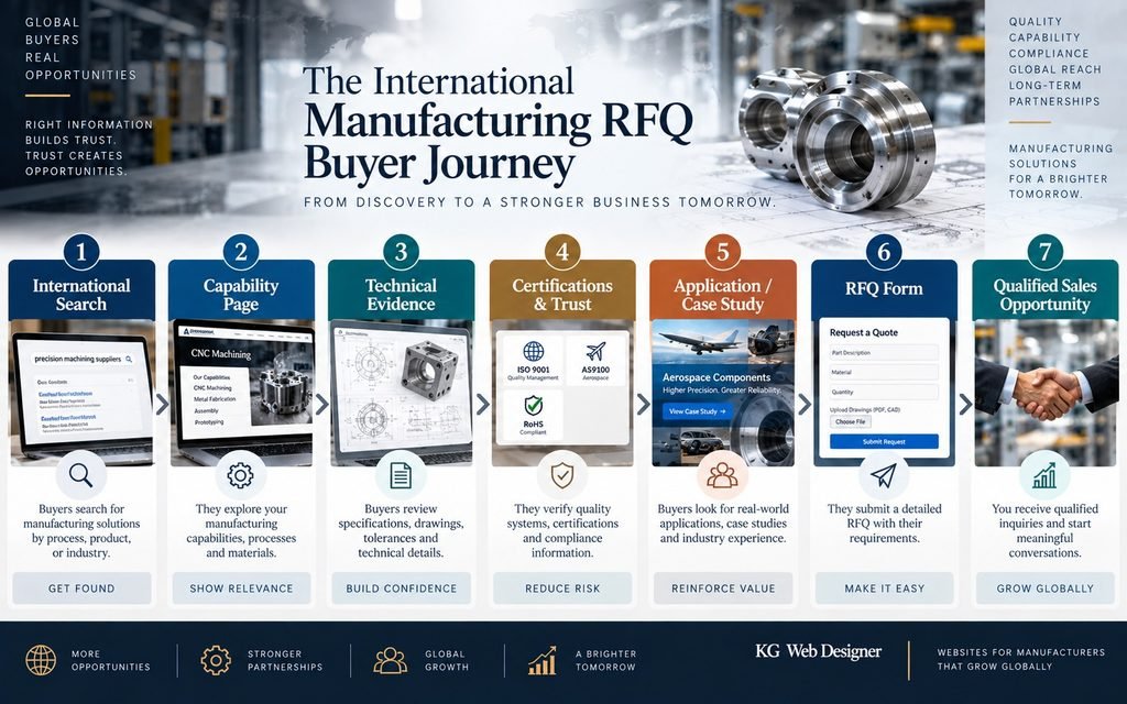 International manufacturing RFQ buyer journey from search and technical evaluation to supplier trust and qualified quotation