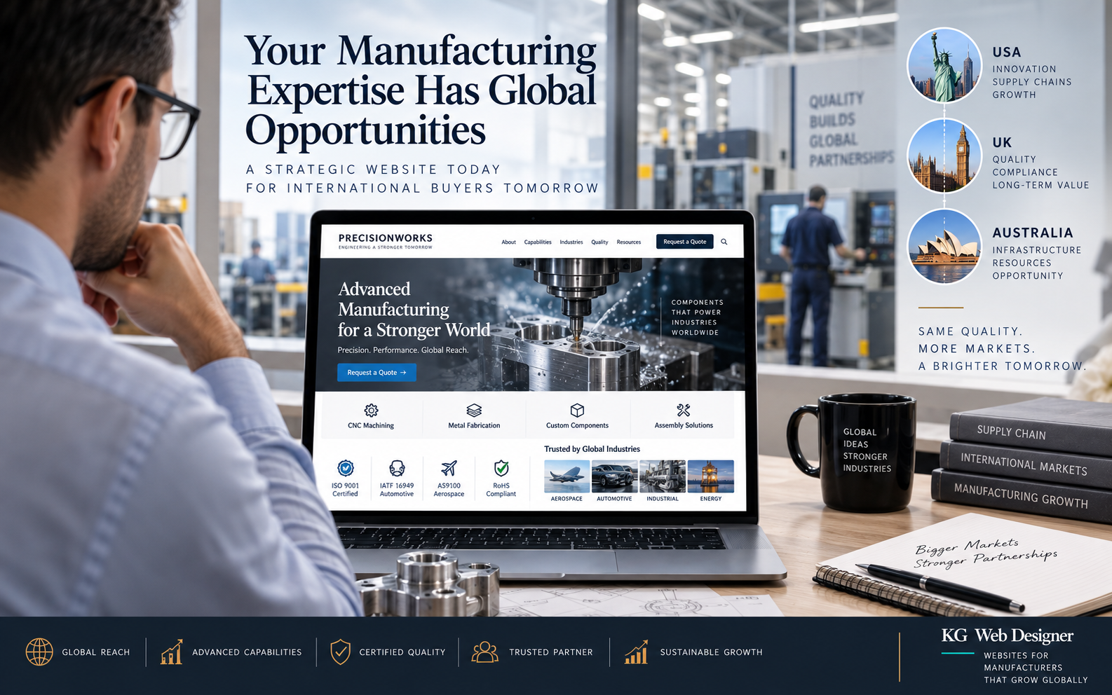 International manufacturing website design showing global buyers reviewing manufacturing capabilities, certifications, and RFQ information
