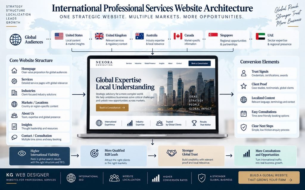 International professional services website architecture connecting markets, services, expertise, proof, and consultations