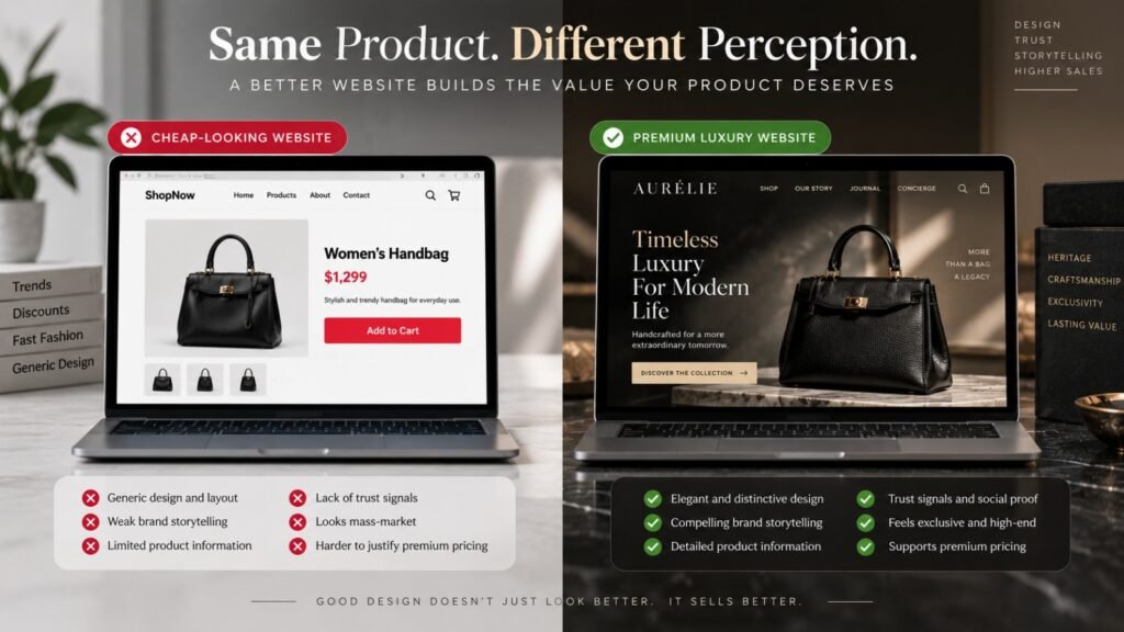 Luxury brand website design comparison
showing a premium digital experience versus a cheap-looking ecommerce website