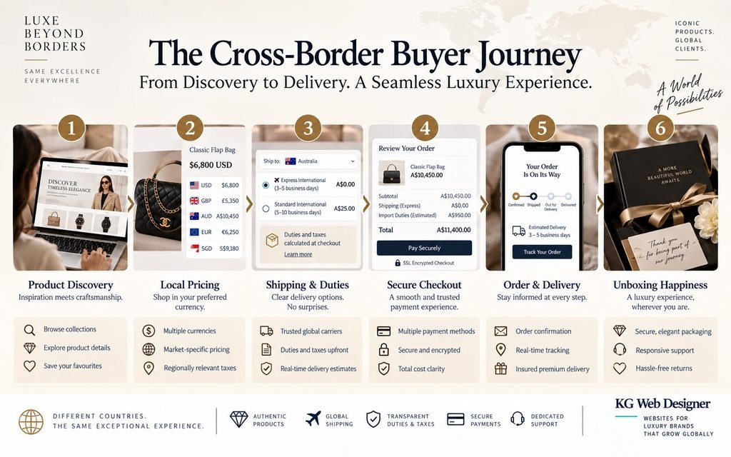 Luxury ecommerce cross-border buyer journey from product discovery and local pricing to shipping, checkout, and delivery