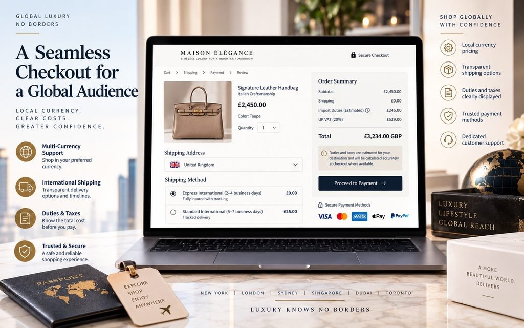 Luxury ecommerce international checkout showing local currency, duties, taxes, shipping, and final purchase cost