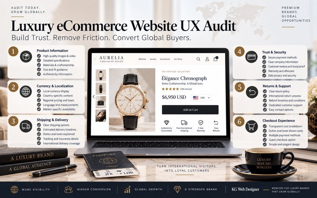 Luxury ecommerce international UX audit showing product information, currency, trust, shipping, returns, and checkout