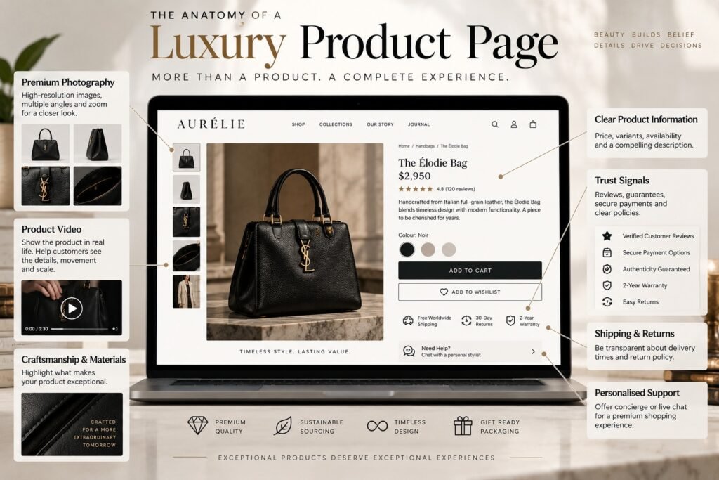 Luxury ecommerce product page showing product photography, craftsmanship, product information, trust signals, shipping, and purchase options