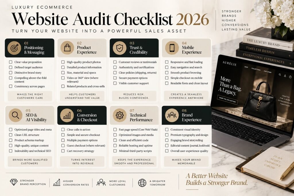Luxury ecommerce website audit framework covering positioning, product UX, trust, mobile experience, SEO, and conversion