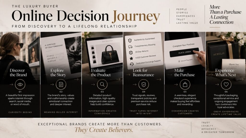 Luxury product buyer journey from discovery
and storytelling through product evaluation, trust, and purchase