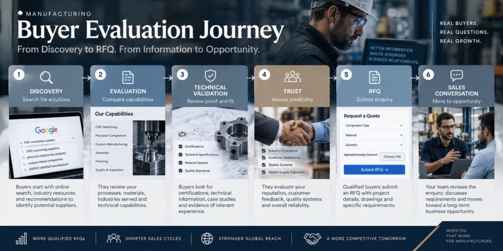 Manufacturing buyer journey from supplier discovery and technical validation to trust, RFQ submission, and sales conversation.