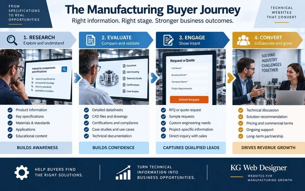 Manufacturing buyer journey from technical research and specifications to RFQ and sales conversation