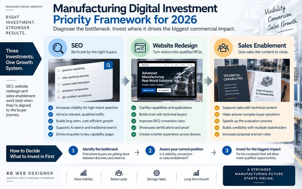 Manufacturing digital investment framework comparing SEO website redesign and sales enablement