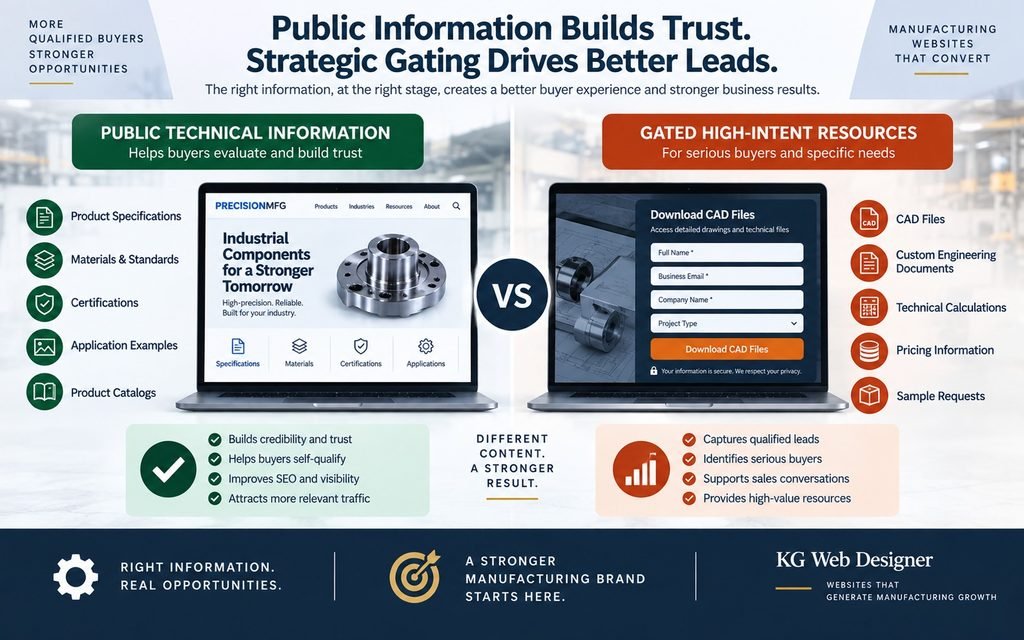 Manufacturing website comparison showing public technical information versus gated high-intent content