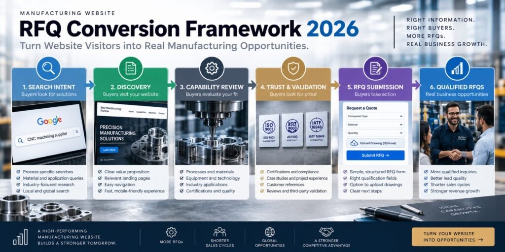 Manufacturing RFQ conversion framework showing the path from search intent to capability, technical proof, buyer confidence, and qualified
RFQ.