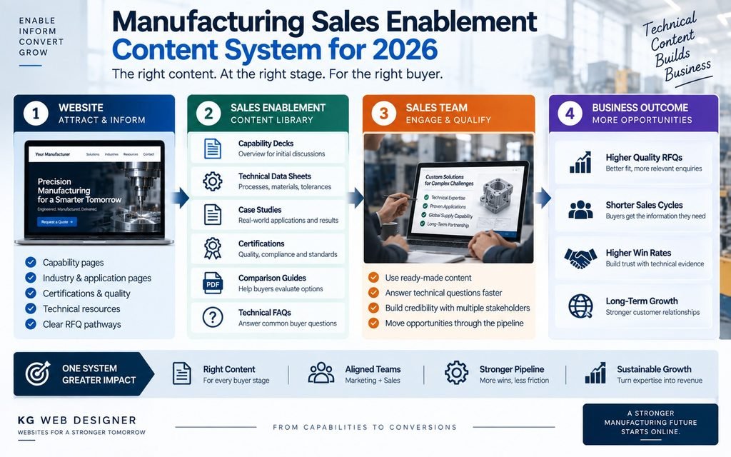 Manufacturing sales enablement system connecting technical content website and sales