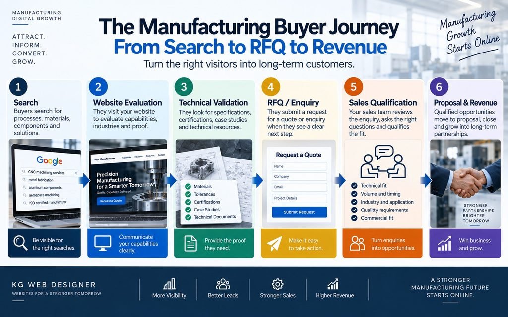 Manufacturing buyer journey from search and website evaluation to RFQ and sales opportunity