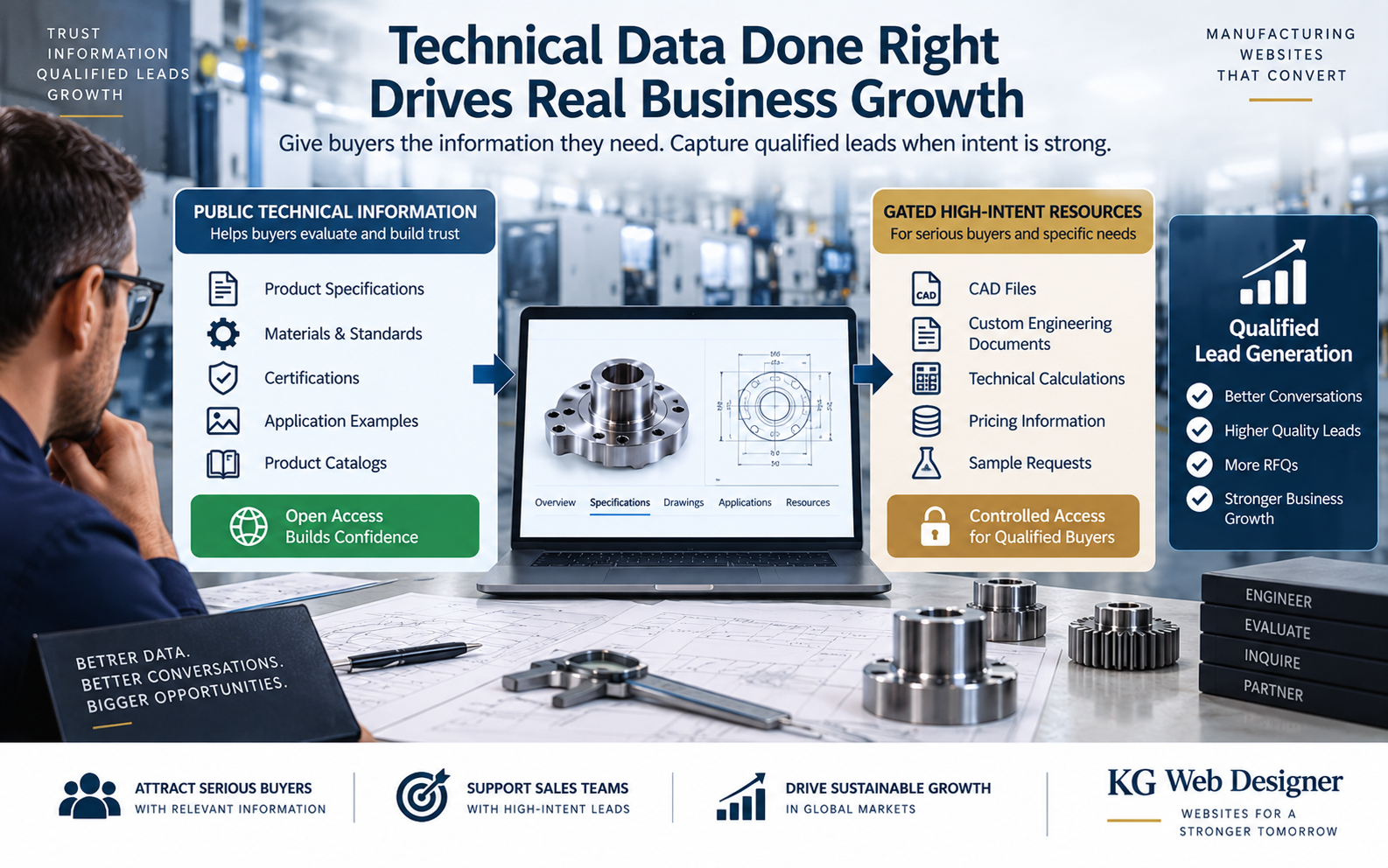 Manufacturing technical data strategy showing public specifications, gated resources, and qualified lead generation