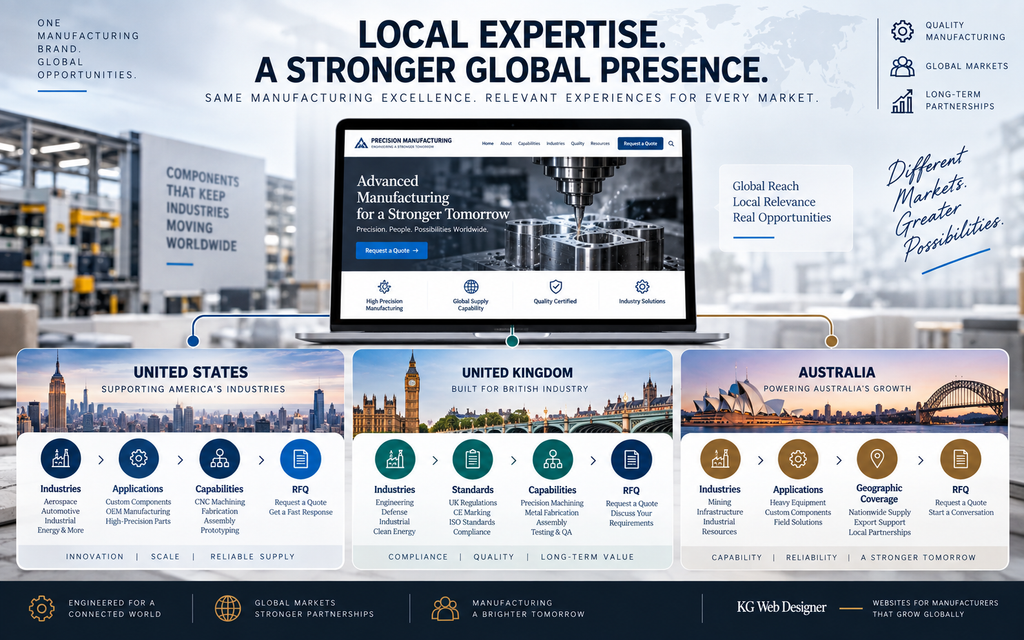 Manufacturing website localization for US UK and Australian buyers showing regional industries, applications, capabilities, and RFQ paths