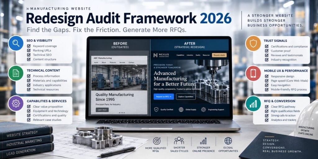 Manufacturing website redesign audit covering SEO, technical
content, capabilities, trust signals, mobile UX, and RFQ conversion.