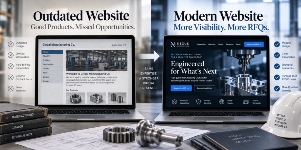 Manufacturing website redesign comparison showing an outdated
industrial website versus a modern RFQ-focused manufacturing website.