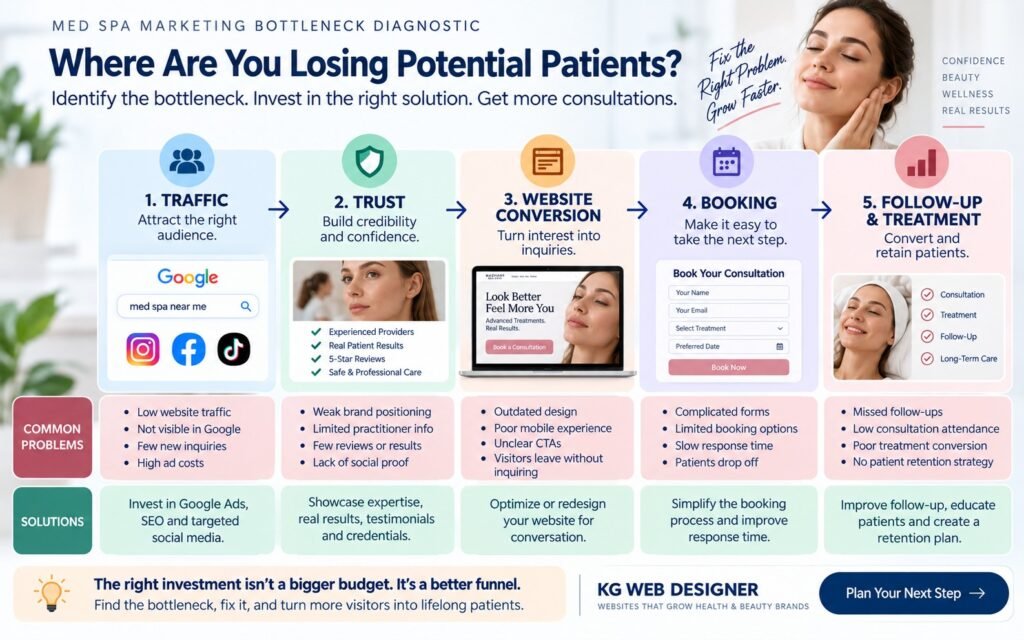 Med spa marketing bottleneck framework showing traffic, trust, website conversion, booking, and follow-up problems