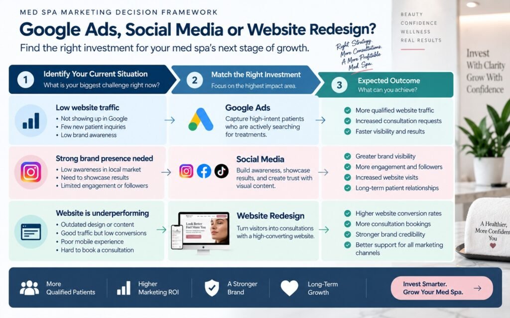 Med spa marketing decision framework showing when to invest in Google Ads, social media, or website redesign