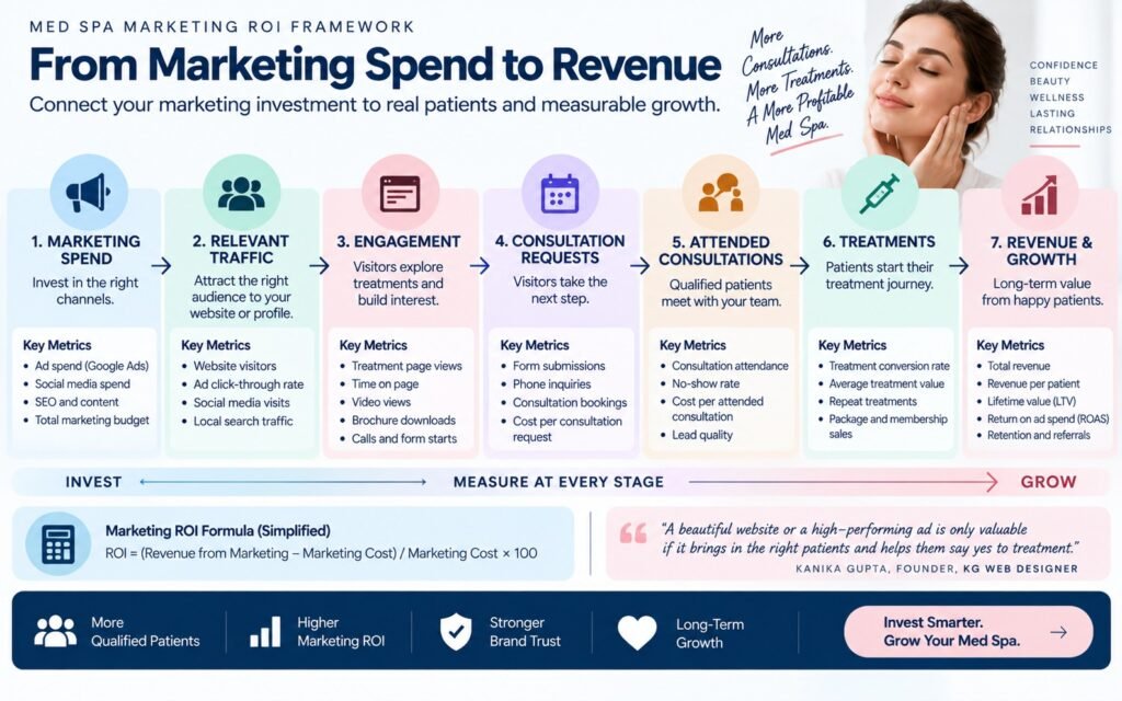 Med spa marketing ROI framework connecting advertising spend with qualified consultations and treatment revenue