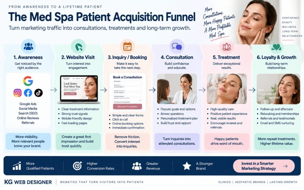Med spa patient acquisition funnel from marketing traffic to consultation, treatment, and revenue