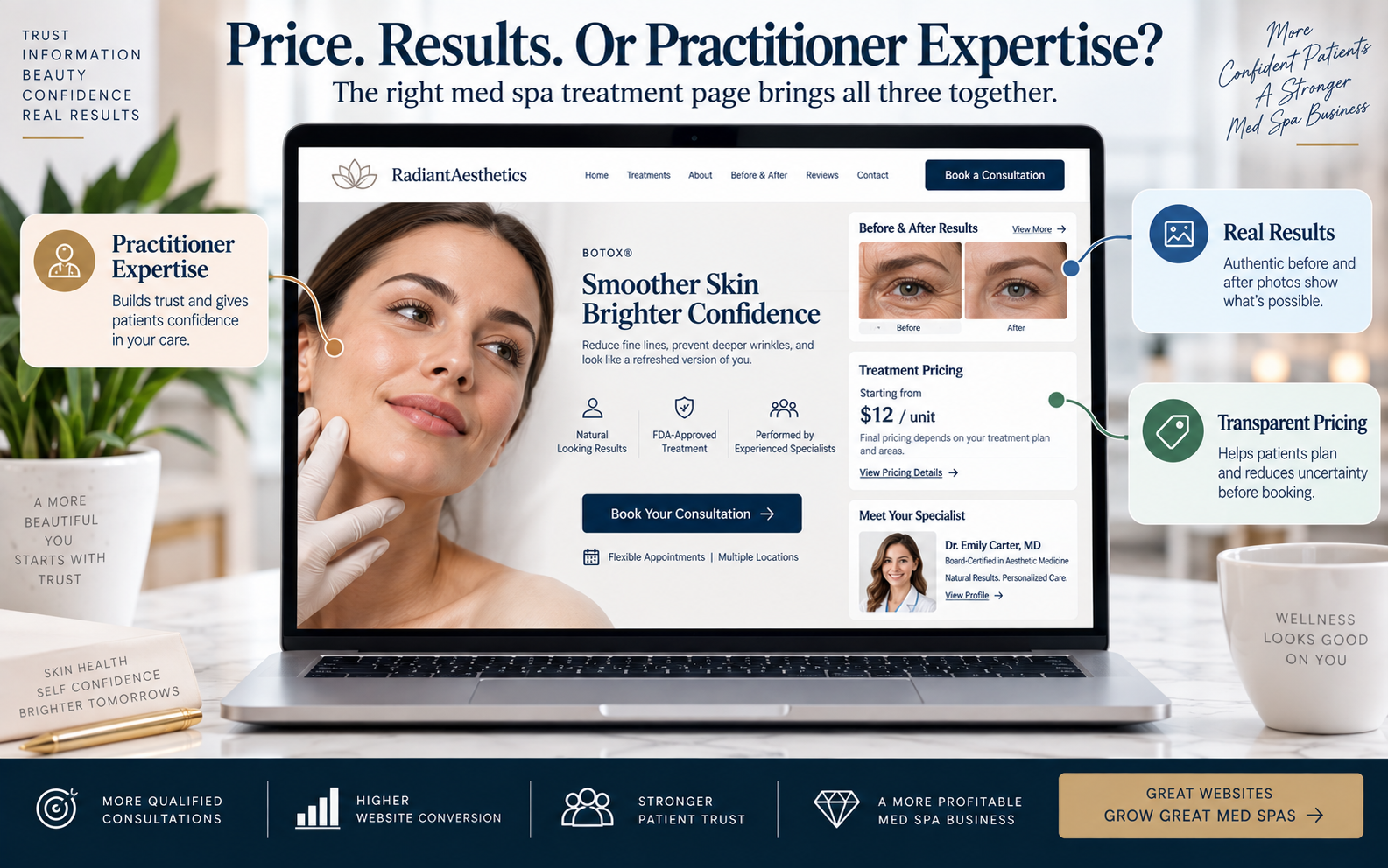Med spa treatment page comparing price, before-and-after results, and practitioner expertise