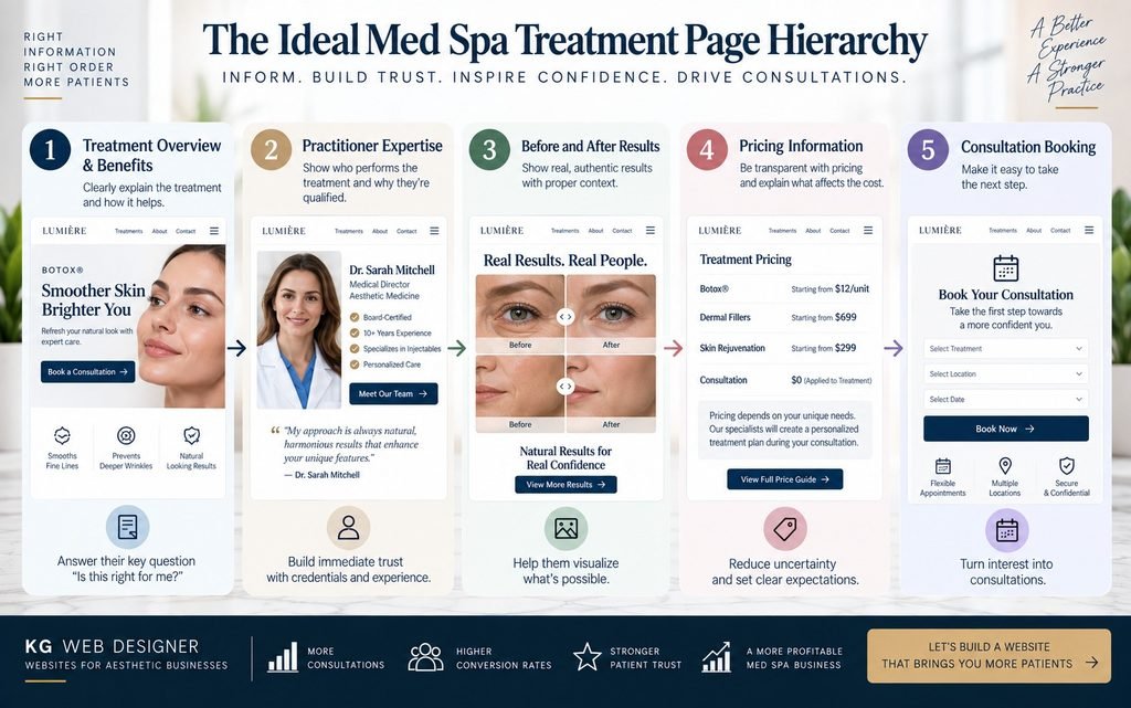 Med spa treatment page hierarchy connecting practitioner expertise results pricing and consultation