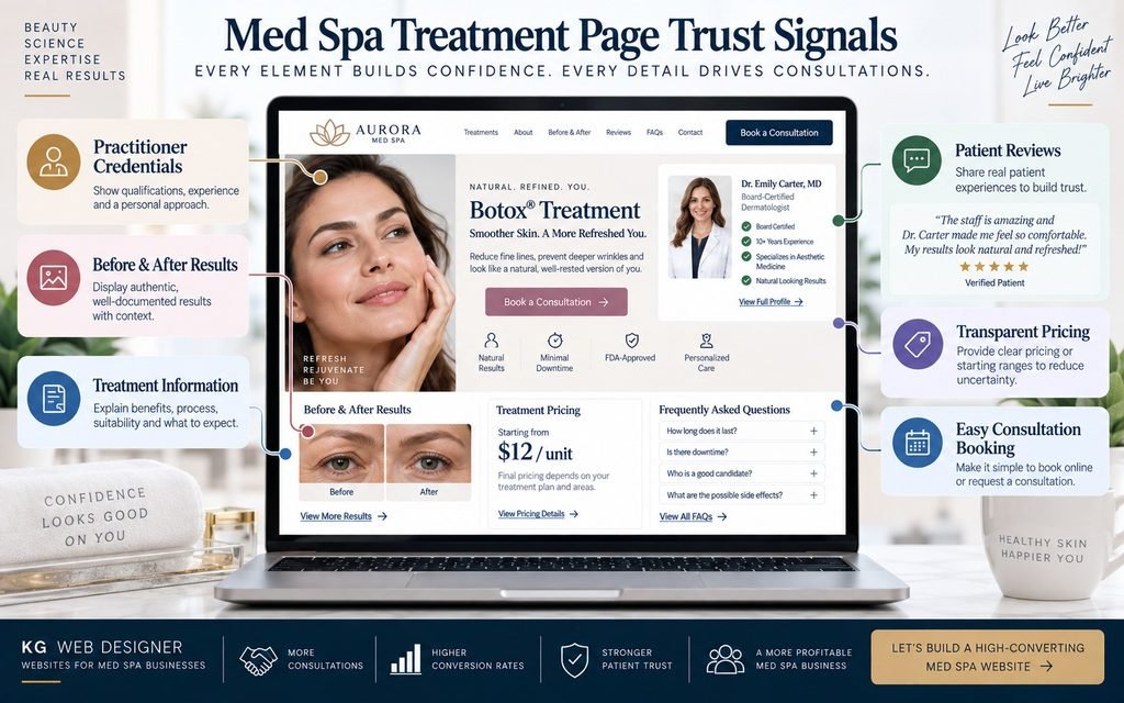 Med spa treatment page showing practitioner credentials results reviews pricing and FAQs