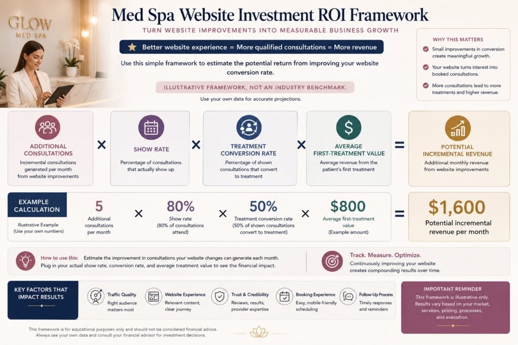 Med spa website investment ROI framework
connecting additional consultations to show rate treatment conversion and
treatment value