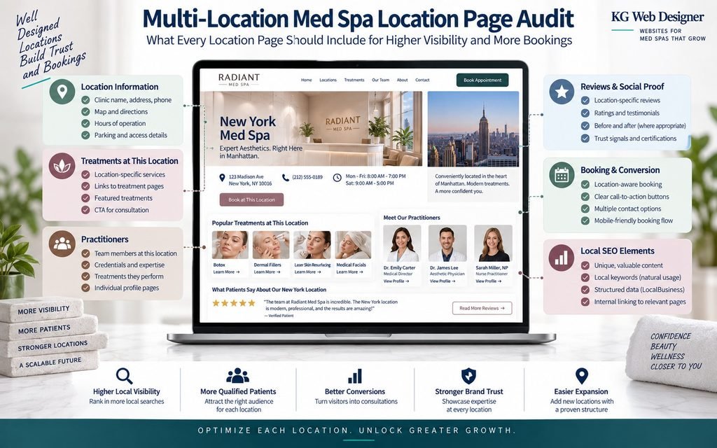 Multi-location med spa website audit showing location information, treatments, practitioners, reviews, and booking conversion elements