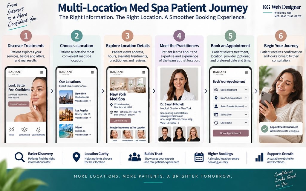 Multi-location med spa patient journey from treatment discovery and location selection to consultation booking