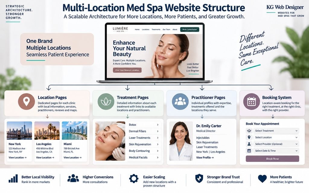Multi-location med spa website structure connecting treatment pages, location pages, practitioners, and booking